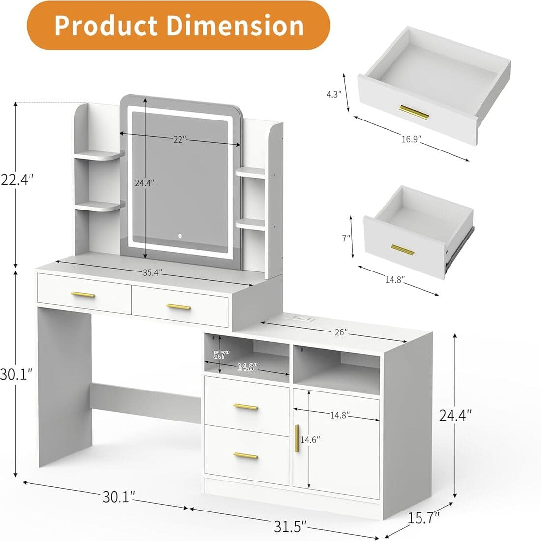 Pamapic 62" Vanity Desk with 4 drawers, 8 open shelves & 1 side cabinet