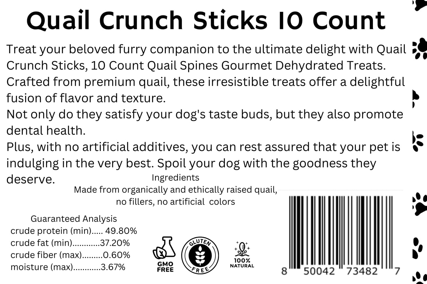Quail Crunch Sticks Dog Treats, 10 Count Quail Spines Gourmet Dehydrated Healthy Dog Training Treats, Premium Flavors Promote Dental Health, No Artificial Additives for Happy Pets