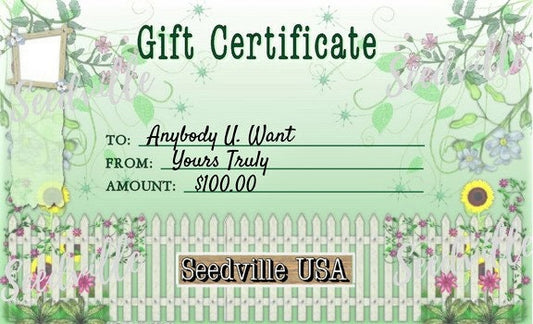Seedville USA Shop Gift Certificate - Garden Gate Design - By Email or Postal Mail - You Choose Amount