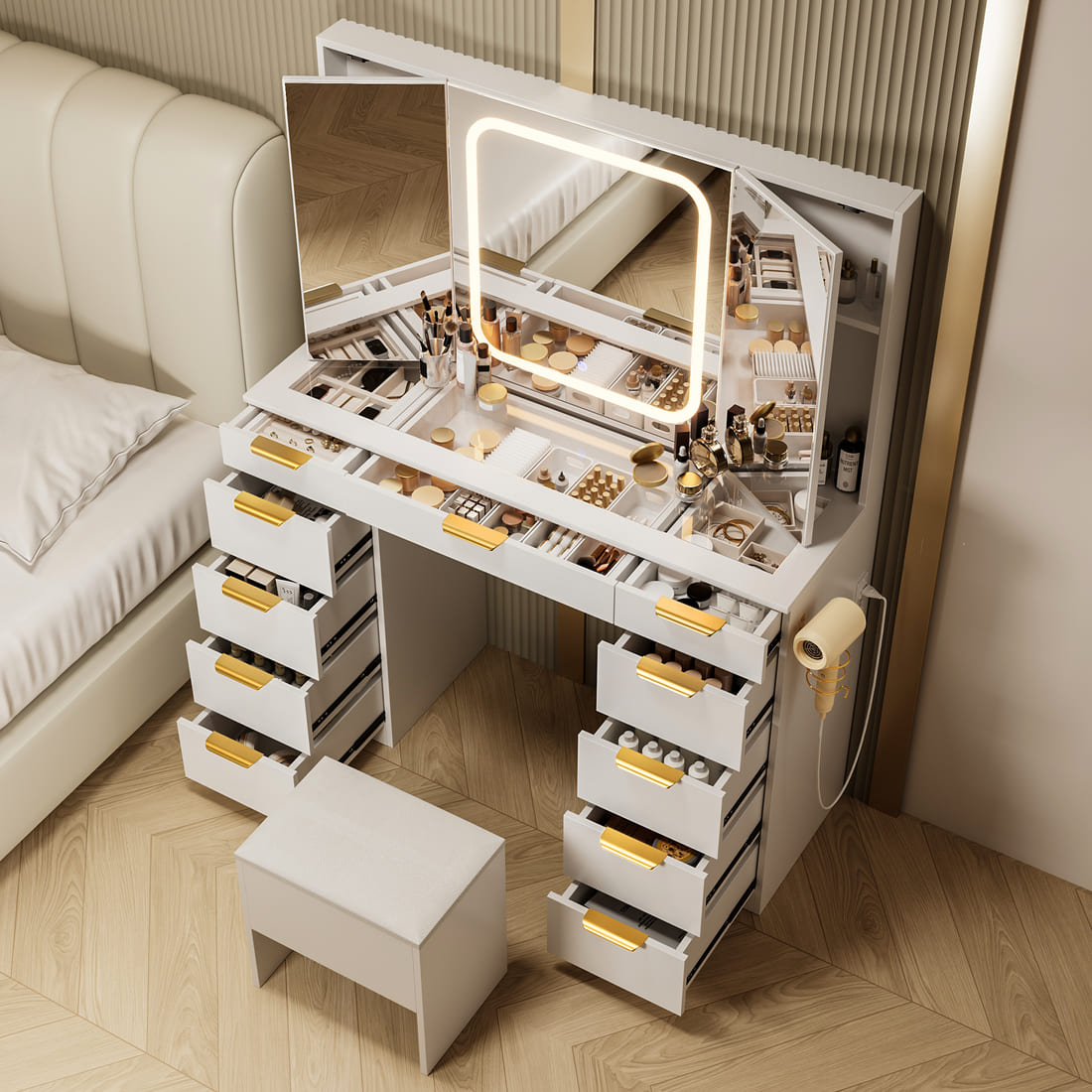 Pamapic Makeup Vanity with Tri-Fold Mirror & 11 Drawers