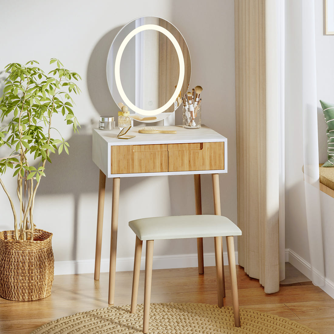 Small Makeup Vanity Table with Round LED Mirror & Cushioned Stool for Living Room, Bedroom