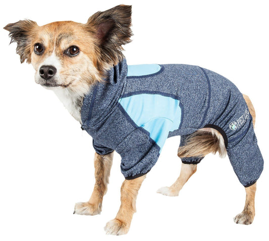 Pet Life ® Active 'Fur-Breeze' Medium-weight 4-Way-Stretch Full Body Hooded Dog Yoga sweater