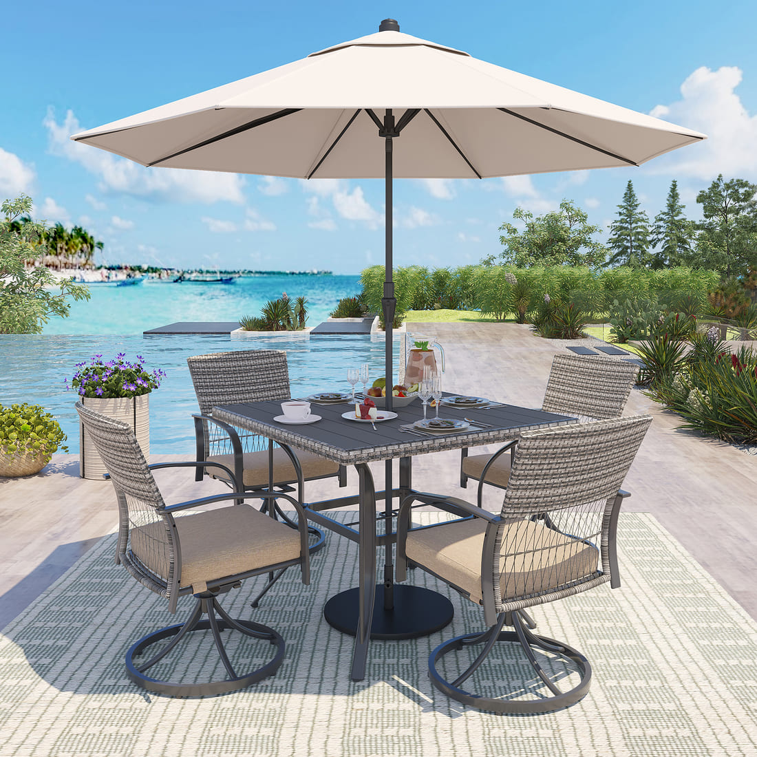 Pamapic Outdoor Dining Table with 4 Swivel Chairs (5 Pieces)