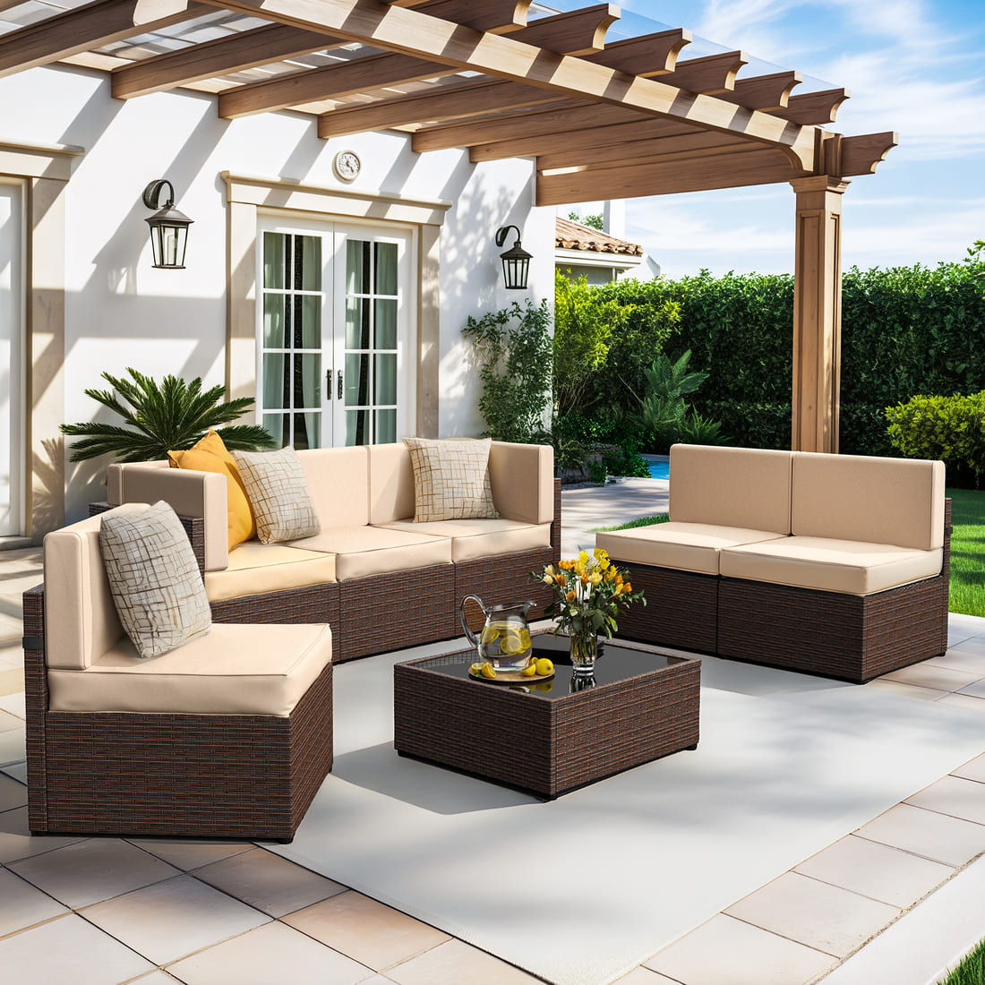 Pamapic Rattan Outdoor Sectional Couch Set (7 Pieces)