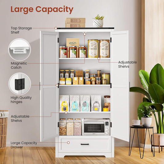 Pamapic 71" Tall Farmhouse Kitchen Pantry Cabinet with 2 Barn Style Doors& Drawer