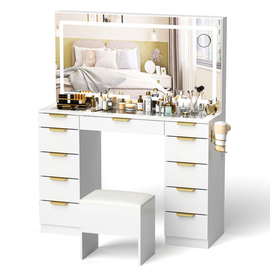 Pamapic 11 Drawers Vanity Desk with Mirror & Glass Top, White