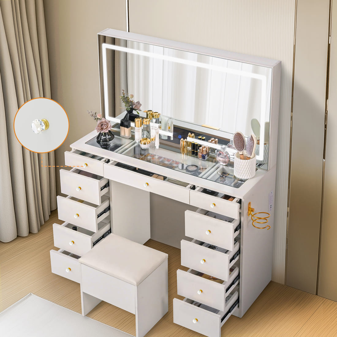 Pamapic 11 Drawers Vanity Desk with Mirror & Glass Top, White