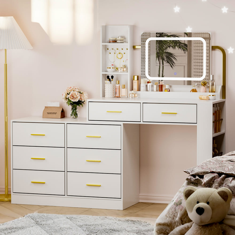 Pamapic 8-Drawer Adjustable Width(60"-67") Vanity Desk with Lighted Mirror & Power Outlets