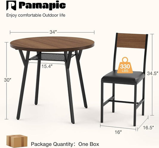 Pamapic Modern Round Dining Table Set for 4 with Meta Frame, Walnut