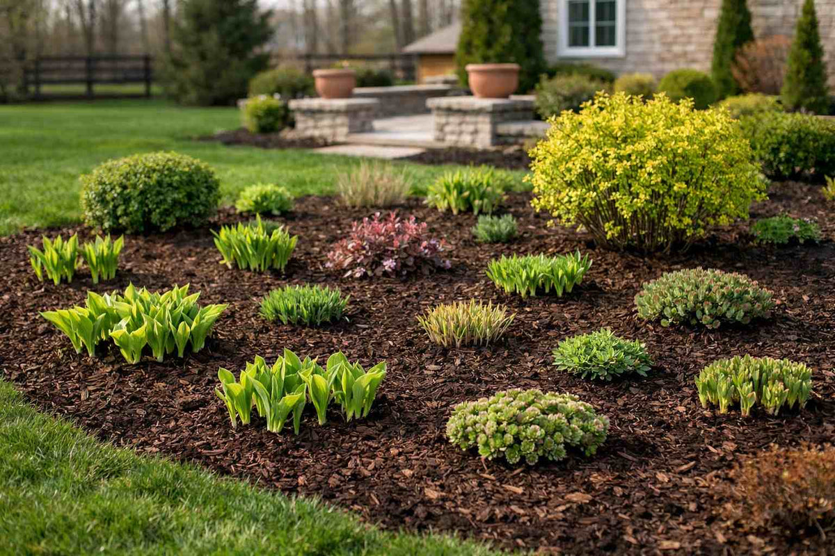 Freshly planted and mulched landscape bed with shrubs and perennials
