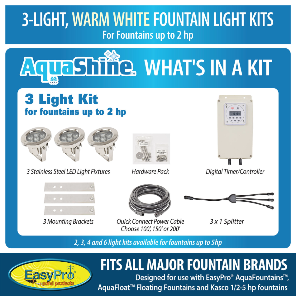 EasyPro AquaShine Three Light Warm White LED Fountain Light Kits