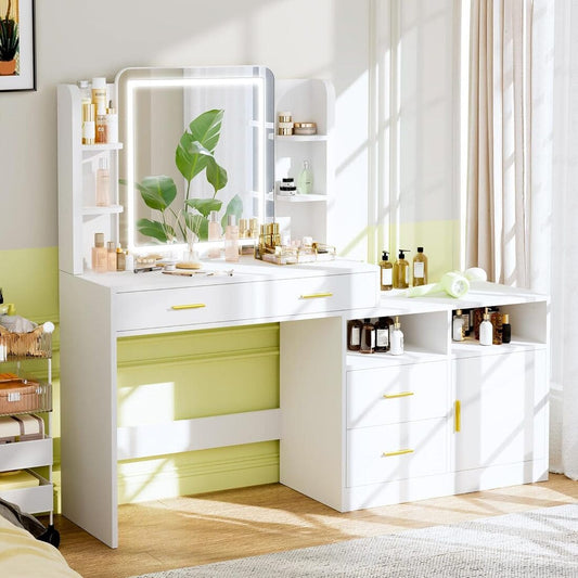 Pamapic 62" Vanity Desk with 4 drawers, 8 open shelves & 1 side cabinet