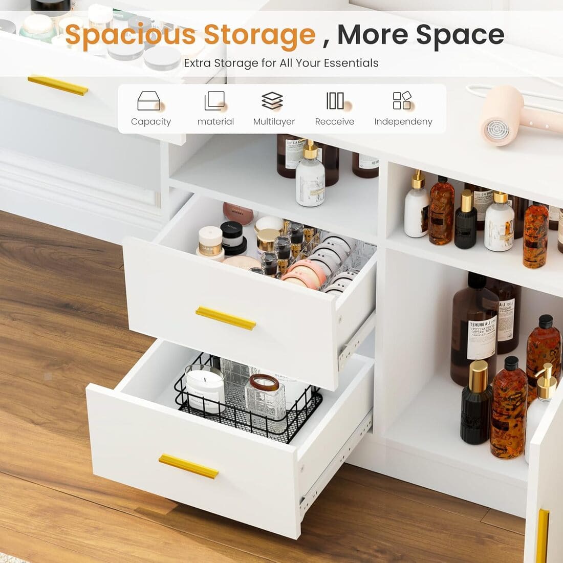 Pamapic 62" Vanity Desk with 4 drawers, 8 open shelves & 1 side cabinet