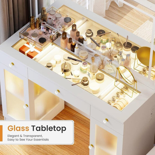 Pamapic Tempered Glass Top Vanity Desk with Lighted Mirror, 2 Transparent Cabinets & 3 Drawers