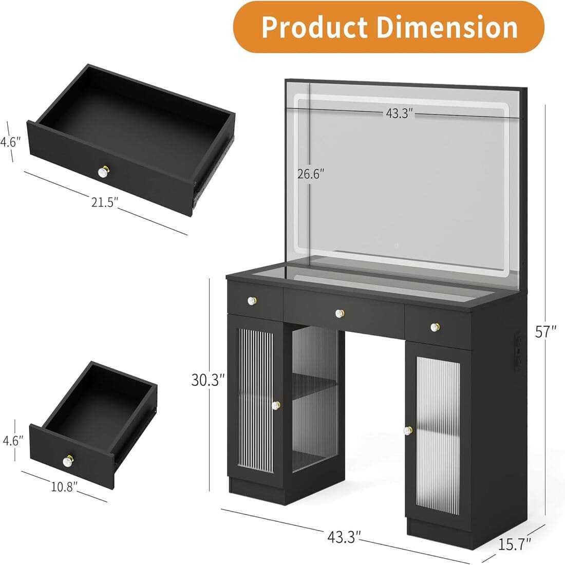 Pamapic Tempered Glass Top Vanity Desk with Lighted Mirror, 2 Transparent Cabinets & 3 Drawers