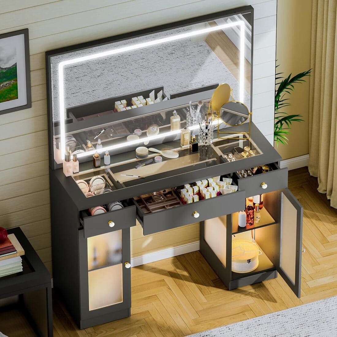 Pamapic Tempered Glass Top Vanity Desk with Lighted Mirror, 2 Transparent Cabinets & 3 Drawers