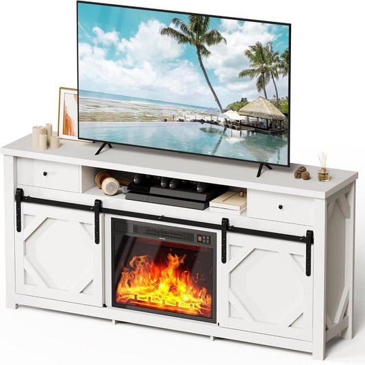 Pamapic 70" Farmhouse Fireplace TV Stand for Living Room, Entertainment Center with Cabinet and Shelves