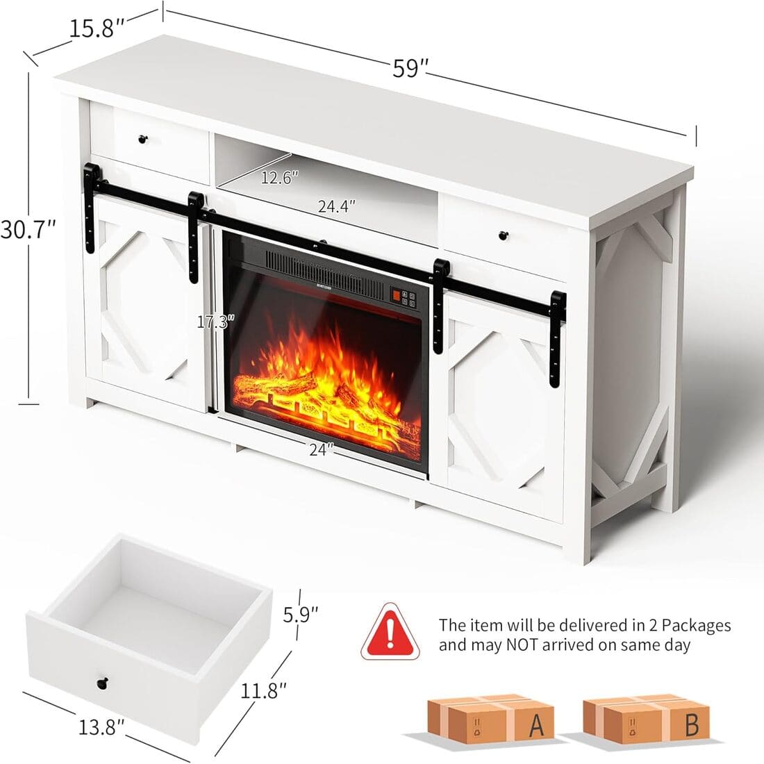 Pamapic 70" Farmhouse Fireplace TV Stand for Living Room, Entertainment Center with Cabinet and Shelves