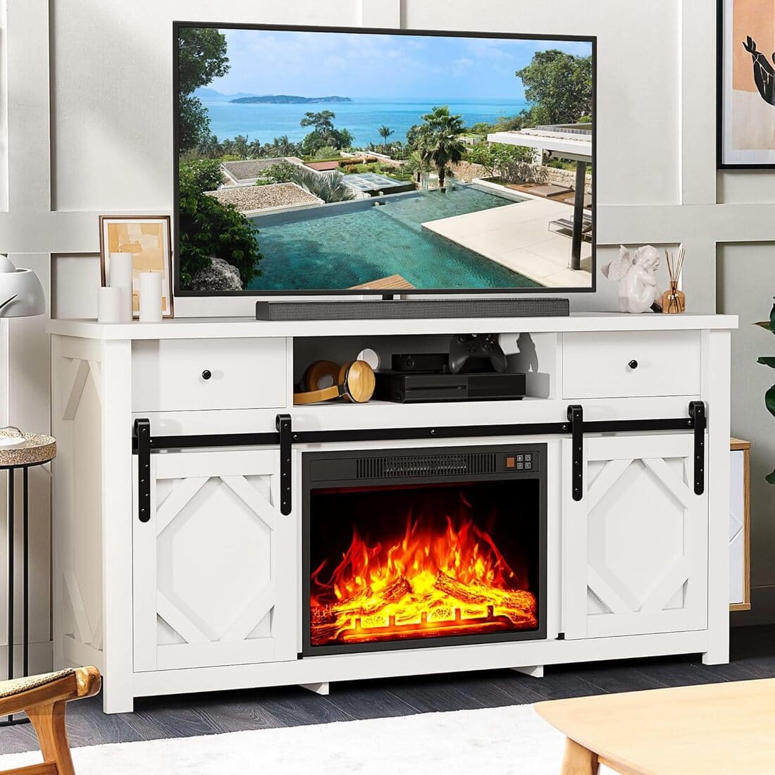 Pamapic 70" Farmhouse Fireplace TV Stand for Living Room, Entertainment Center with Cabinet and Shelves