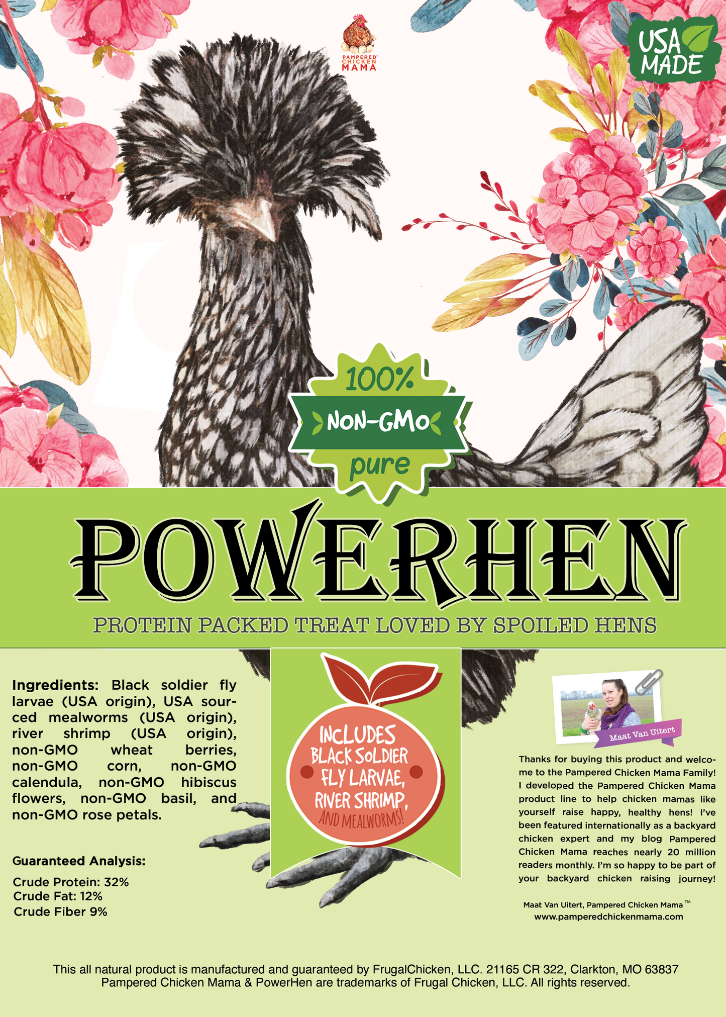 PowerHen (TM) High Protein Treat With Mealworms, Black Soldier Fly Larvae, & Herbs For Backyard Chickens