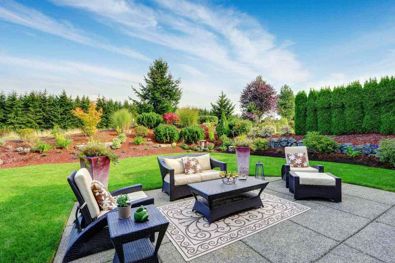 Landscaped backyard patio with planted borders