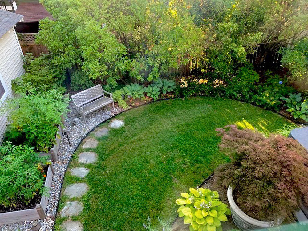 Curved stone path through a backyard lawn and beds