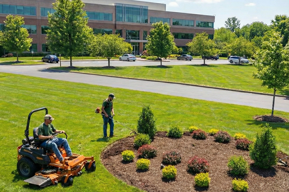 Grounds crew mowing and trimming a commercial property on a scheduled visit