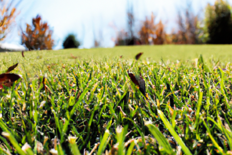 Granular slow-release fertilizer on green grass blades