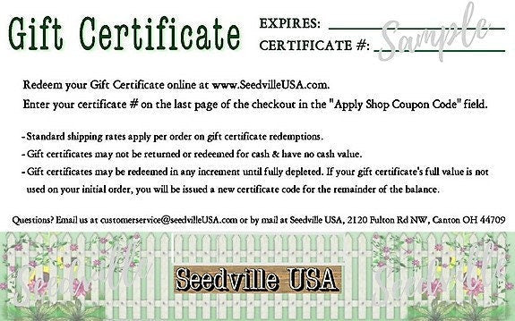 Seedville USA Shop Gift Certificate - Garden Gate Design - By Email or Postal Mail - You Choose Amount