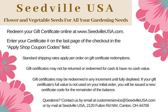 Seedville USA Shop Gift Certificate - Pink Flower Design - By Email or Postal Mail - You Choose Amount