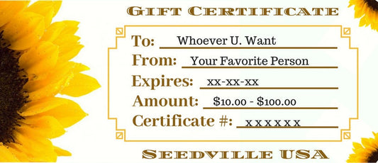 Seedville USA Shop Gift Certificate - Sunflower Design - By Email or Postal Mail - You Choose Amount