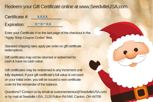 Seedville USA Shop Gift Certificate - Christmas Design - By Email or Postal Mail - You Choose Amount