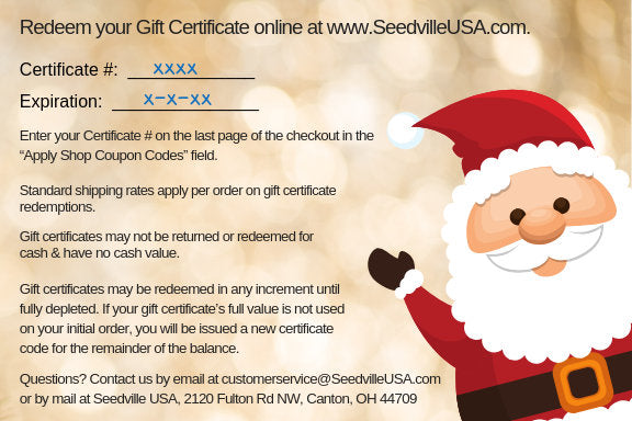 Seedville USA Shop Gift Certificate - Christmas Design - By Email or Postal Mail - You Choose Amount