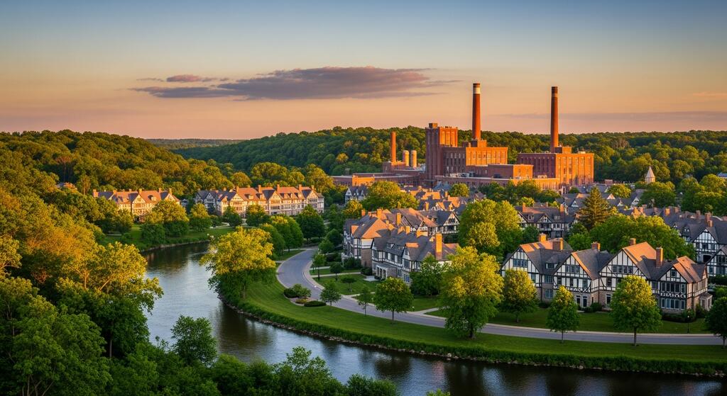 Aerial view of the Village of Kohler along the Sheboygan River at sunset