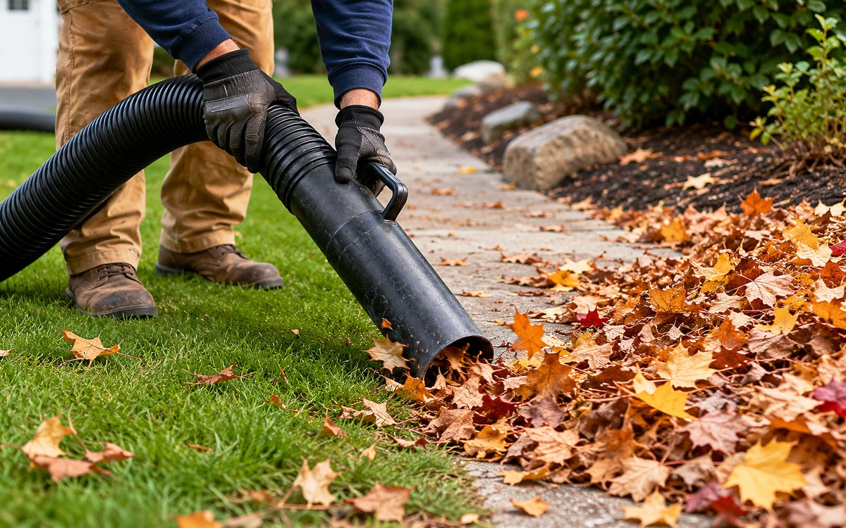 Leaf vacuum clearing fallen leaves off a walk and lawn edge