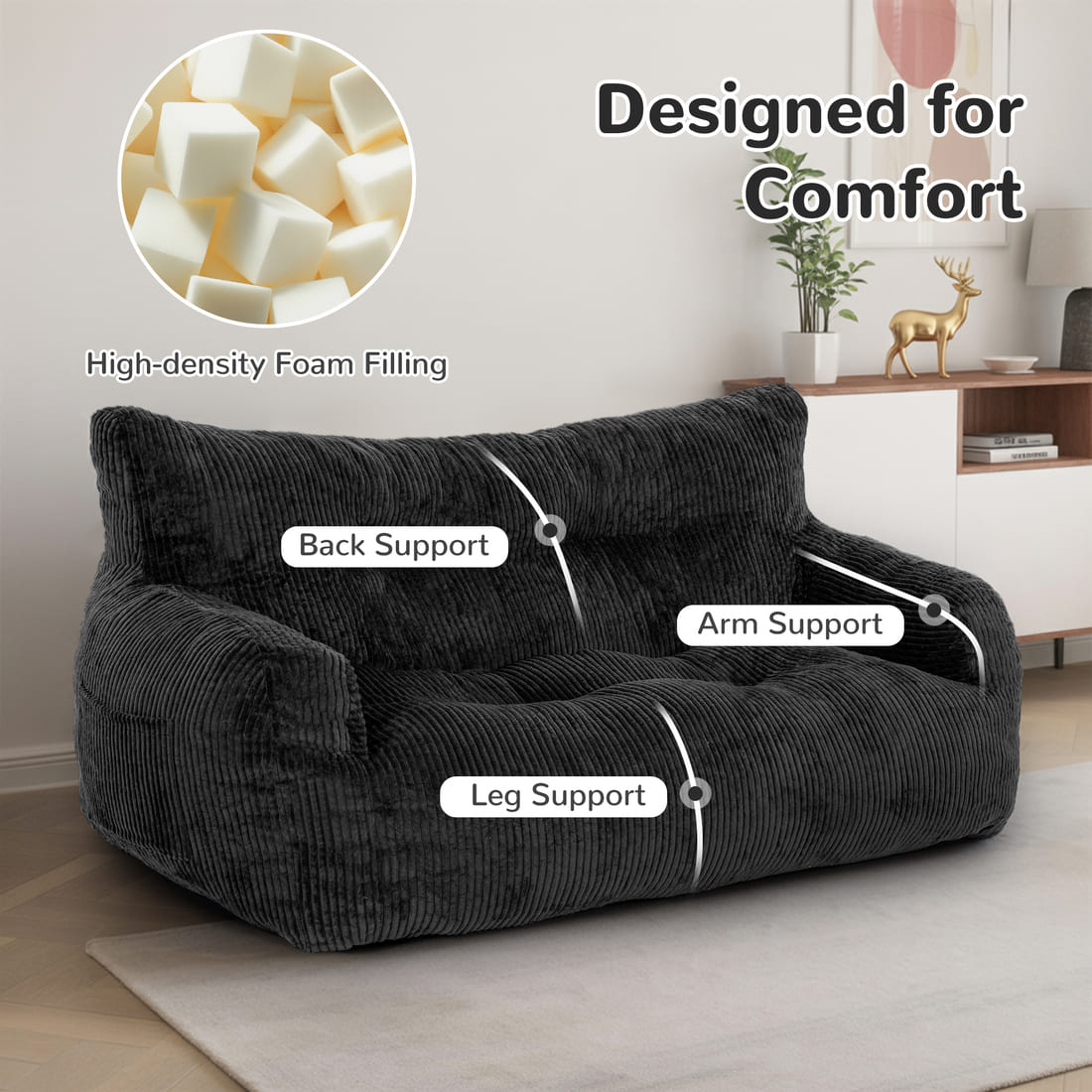 Pamapic 2-Seat Structured Big Bean Bag Chairs for Adult