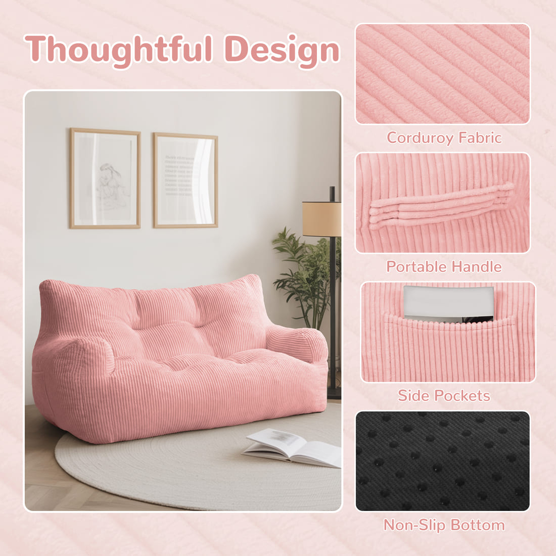 Pamapic 2-Seat Structured Big Bean Bag Chairs for Adult