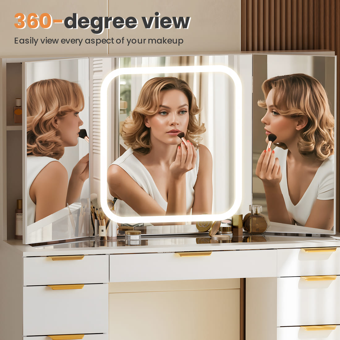 Pamapic Makeup Vanity with Tri-Fold Mirror & 11 Drawers