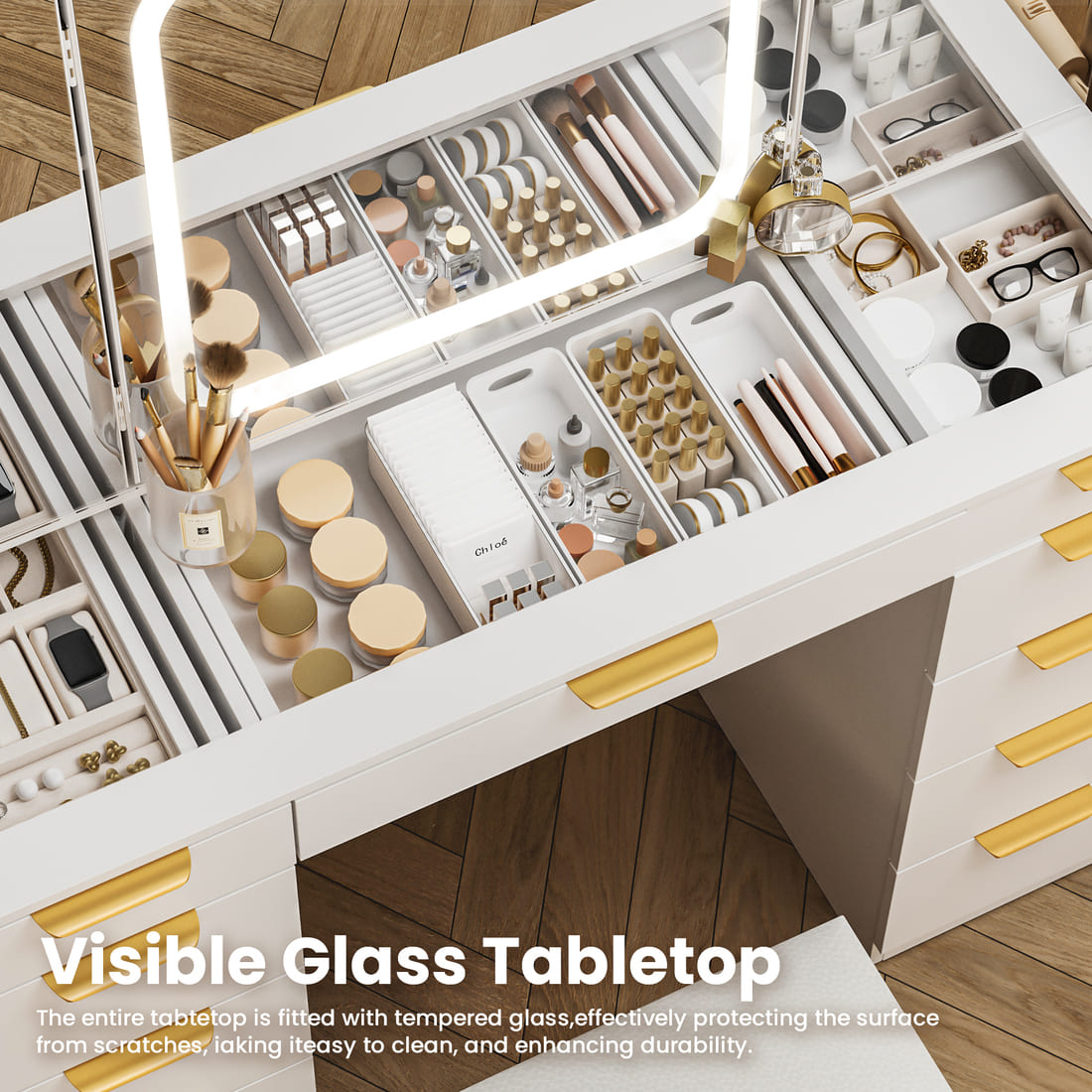 Pamapic Makeup Vanity with Tri-Fold Mirror & 11 Drawers