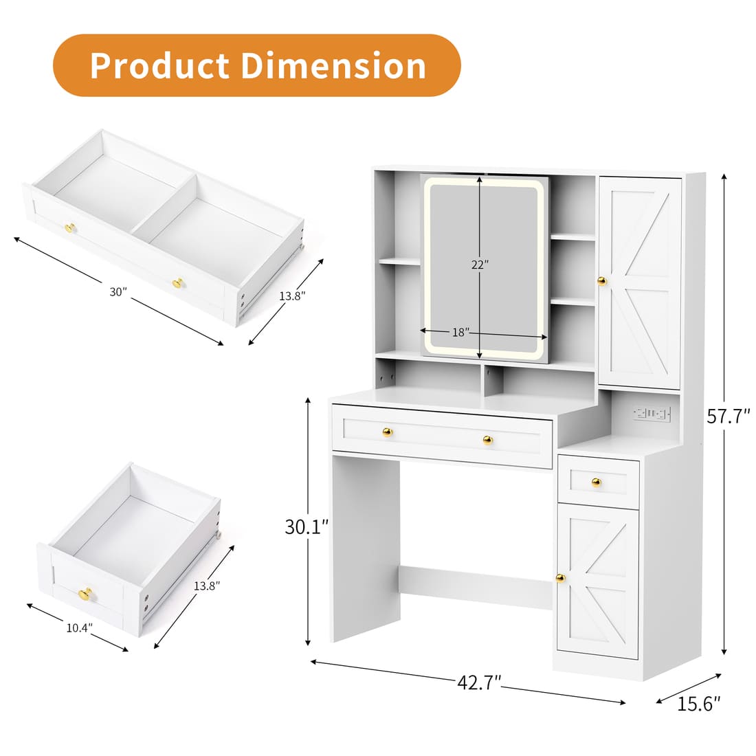 Pamapic 43" Wide Vanity Makeup Desk with Sliding Lighted Mirror & 3 Drawers