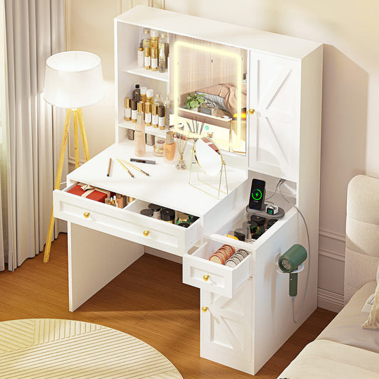 Pamapic 43" Wide Vanity Makeup Desk with Sliding Lighted Mirror & 3 Drawers