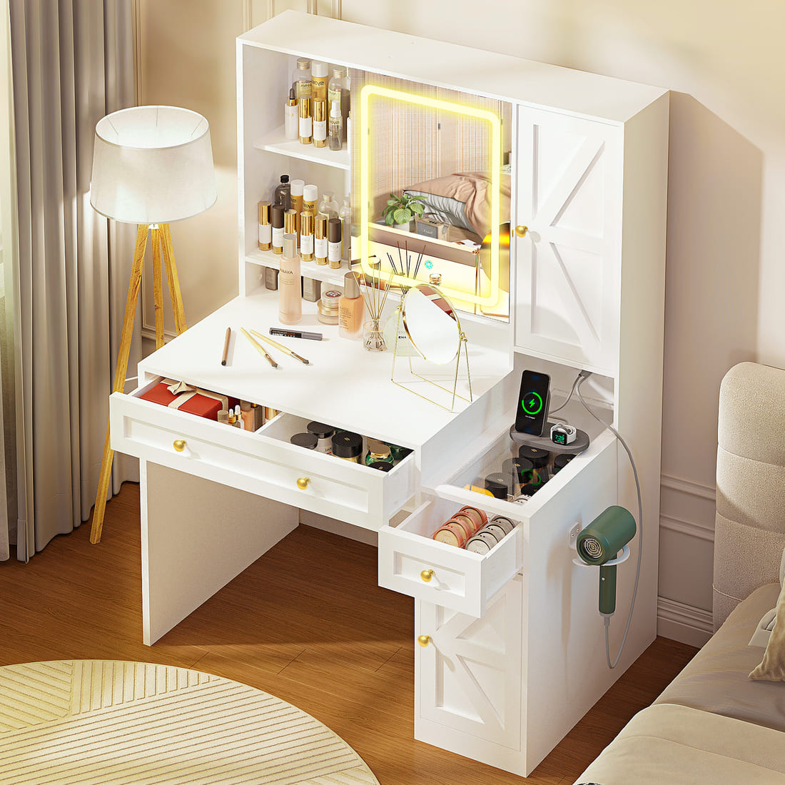 Pamapic 43" Wide Vanity Makeup Desk with Sliding Lighted Mirror & 3 Drawers