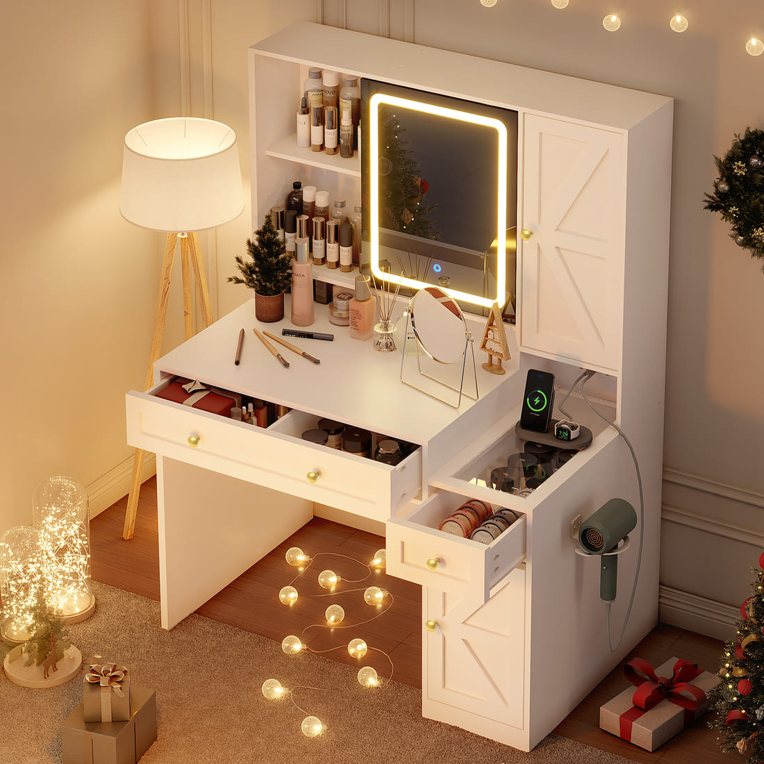 Pamapic 43" Wide Vanity Makeup Desk with Sliding Lighted Mirror & 3 Drawers