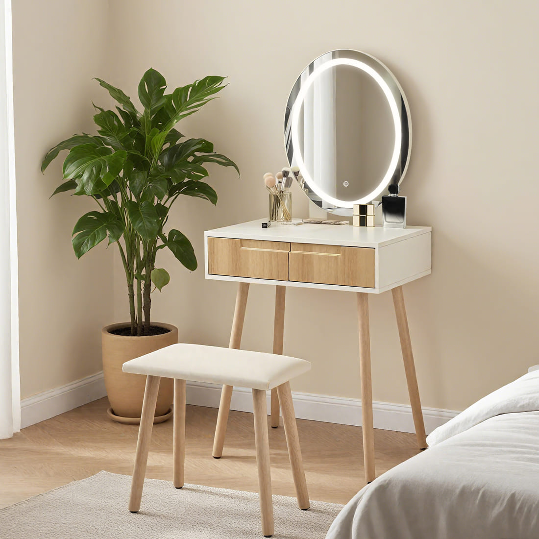 Small Makeup Vanity Table with Round LED Mirror & Cushioned Stool for Living Room, Bedroom