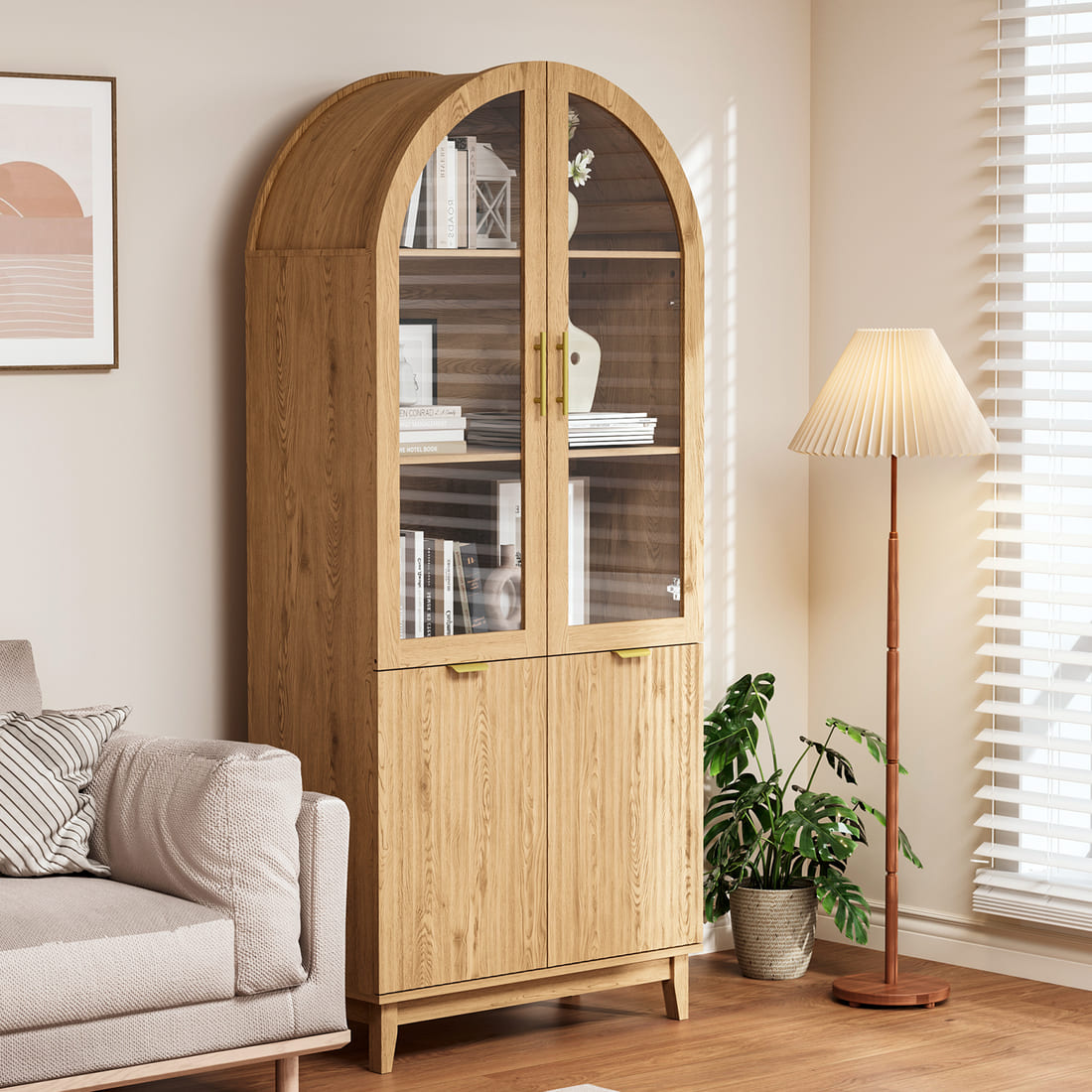 Pamapic Modern Farmhouse Arched Cabinet with Glass Doors & Adjustable Shelves