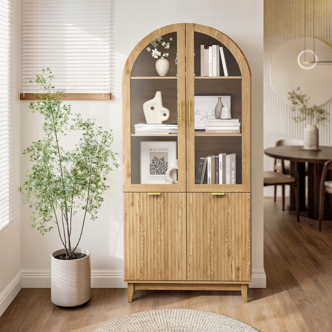 Pamapic Modern Farmhouse Arched Cabinet with Glass Doors & Adjustable Shelves