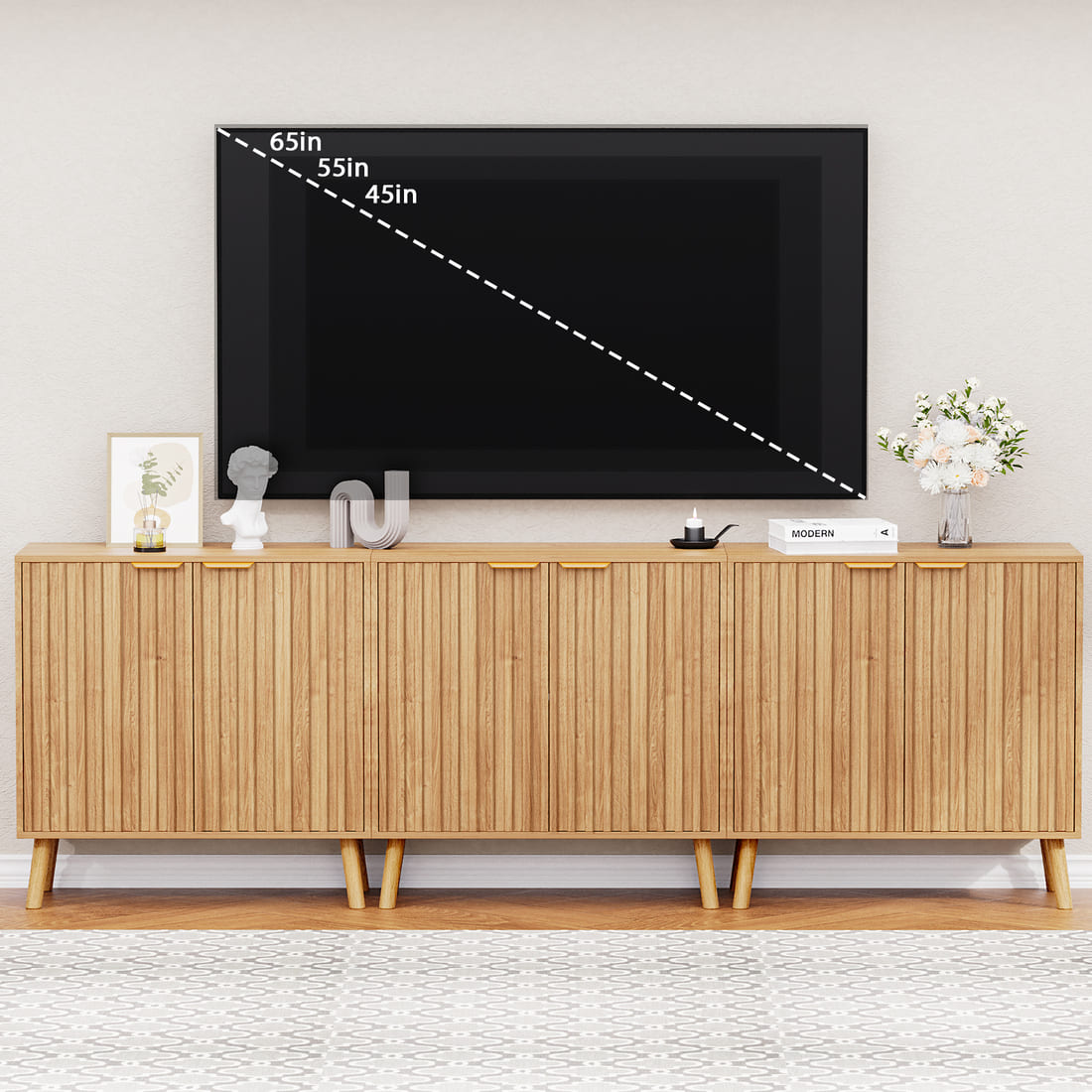 Pamapic Fluted Sideboard Cabinet with Adjustable Shelves for Living Room, Hallway, Entryway, Dining Room, Oak