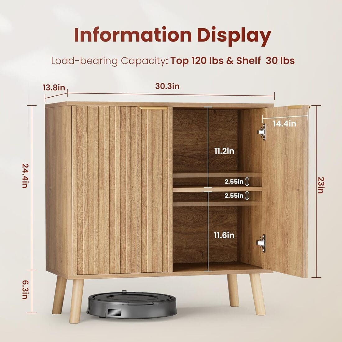 Pamapic Fluted Sideboard Cabinet with Adjustable Shelves for Living Room, Hallway, Entryway, Dining Room, Oak