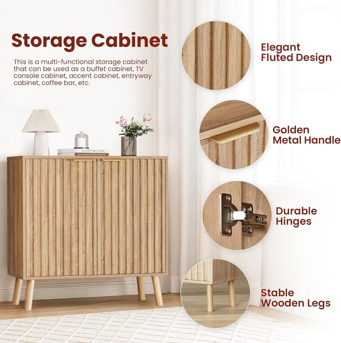 Pamapic Fluted Sideboard Cabinet with Adjustable Shelves for Living Room, Hallway, Entryway, Dining Room, Oak