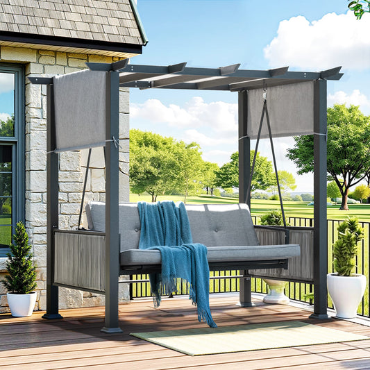 Pamapic 3-Seat Outdoor Metal Pergola Porch Swing Bed with Stand & Cushion, Gray